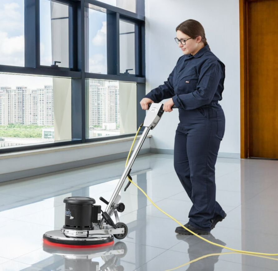 cleaning girl cleaning floor with machine