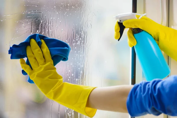 cleaner cleaning window wearing hand glove with cleaning clothe and shower
